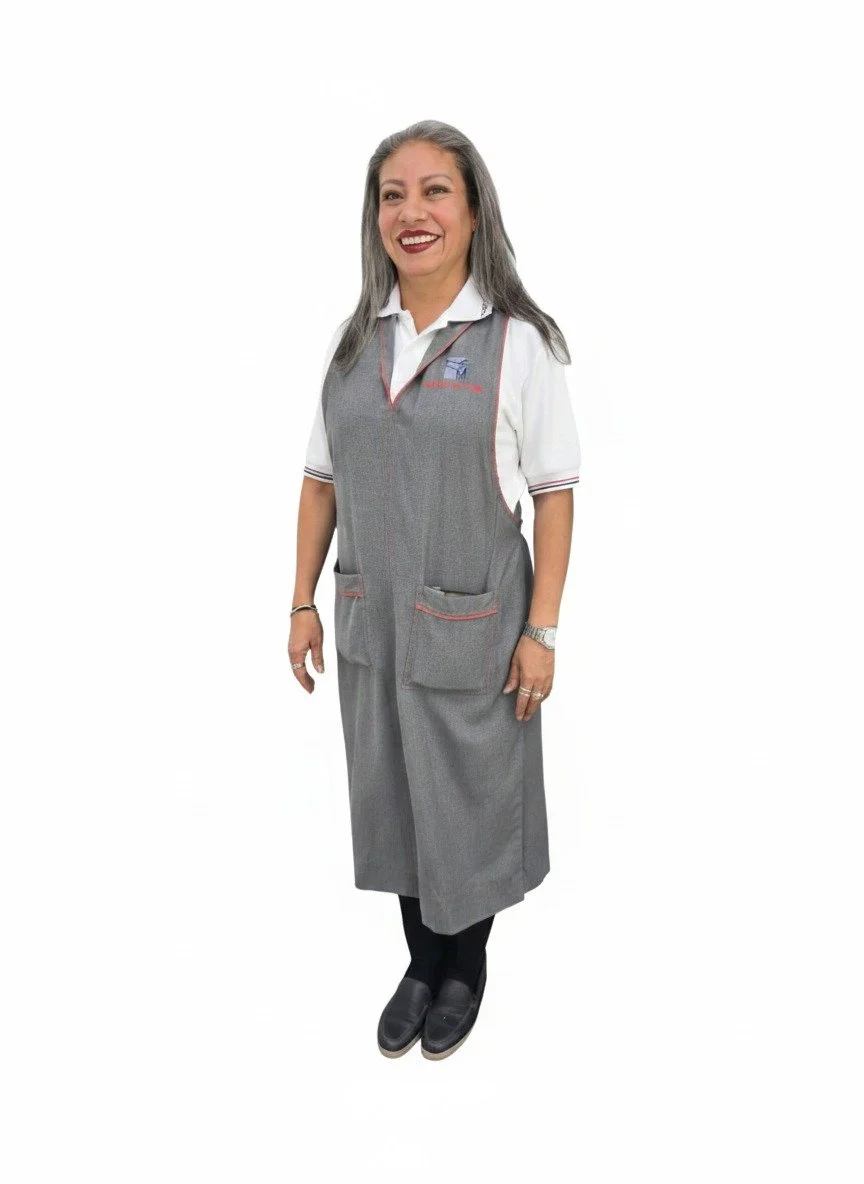 Mujer de cabello gris, vestido en uniforme de trabajo, de pie y sonriendo, con fondo blanco.