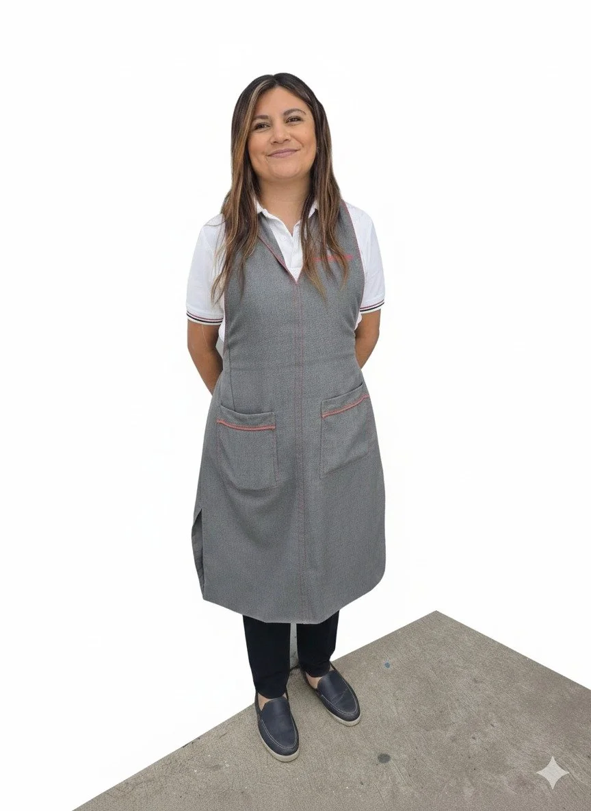 Mujer con uniforme escolar, falda gris con bolsillos, blusa blanca y zapatos oscuros, de pie en un suelo a medio lado de una pared blanca.