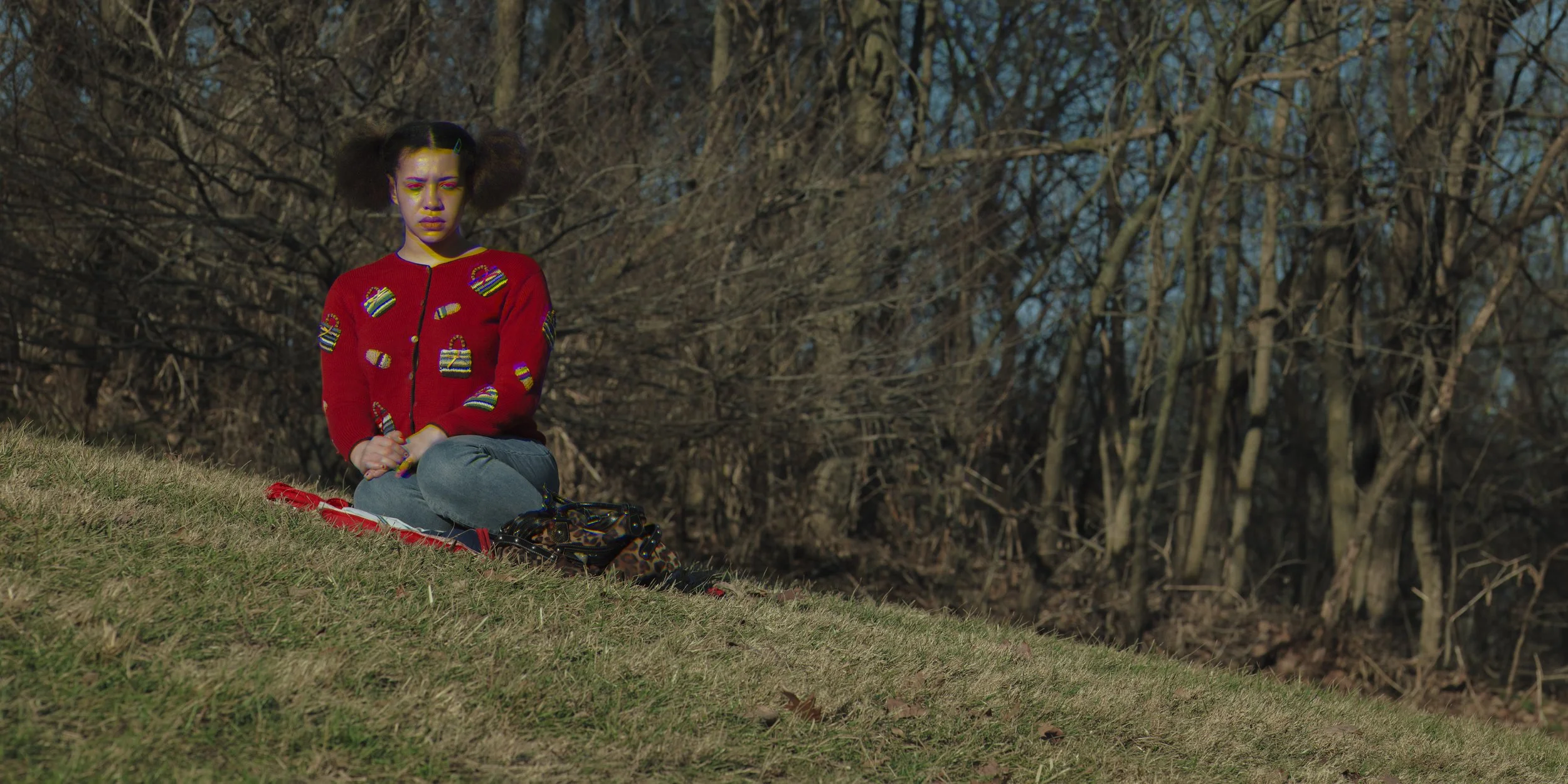 A girl with curly hair in pigtails, wearing a red sweater with candy and gift patterns, sits on a grassy hill with a black and brown purse beside her, in front of bare trees during daylight.