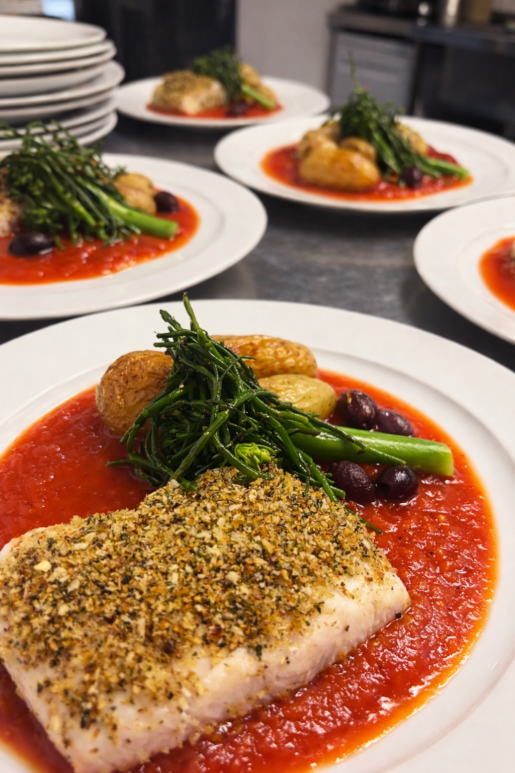 Plates of baked fish with herb crust, served with green beans, potatoes, black olives, and tomato sauce.