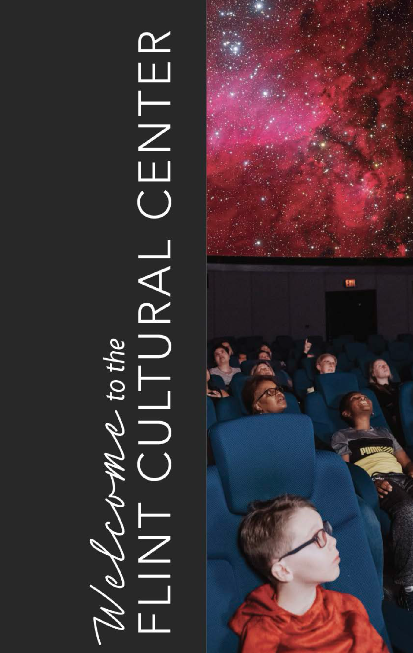 People in a planetarium watching a large display of a colorful galaxy with stars.