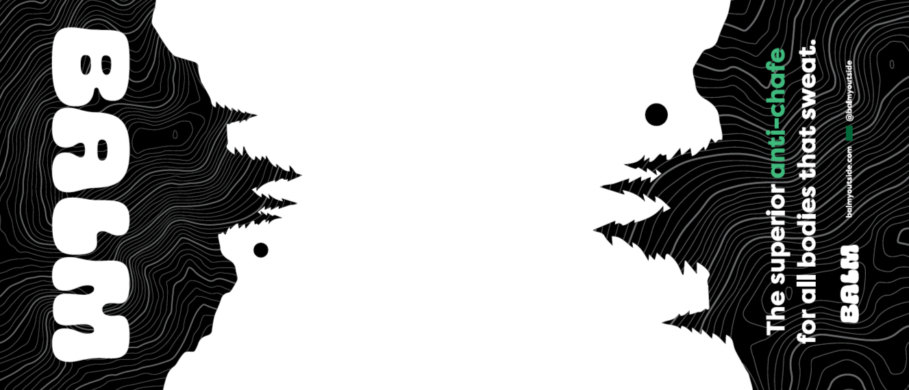 Black and white design featuring a silhouette of mountains with contour lines and pine trees, with text promoting outdoor activities and environmental awareness.