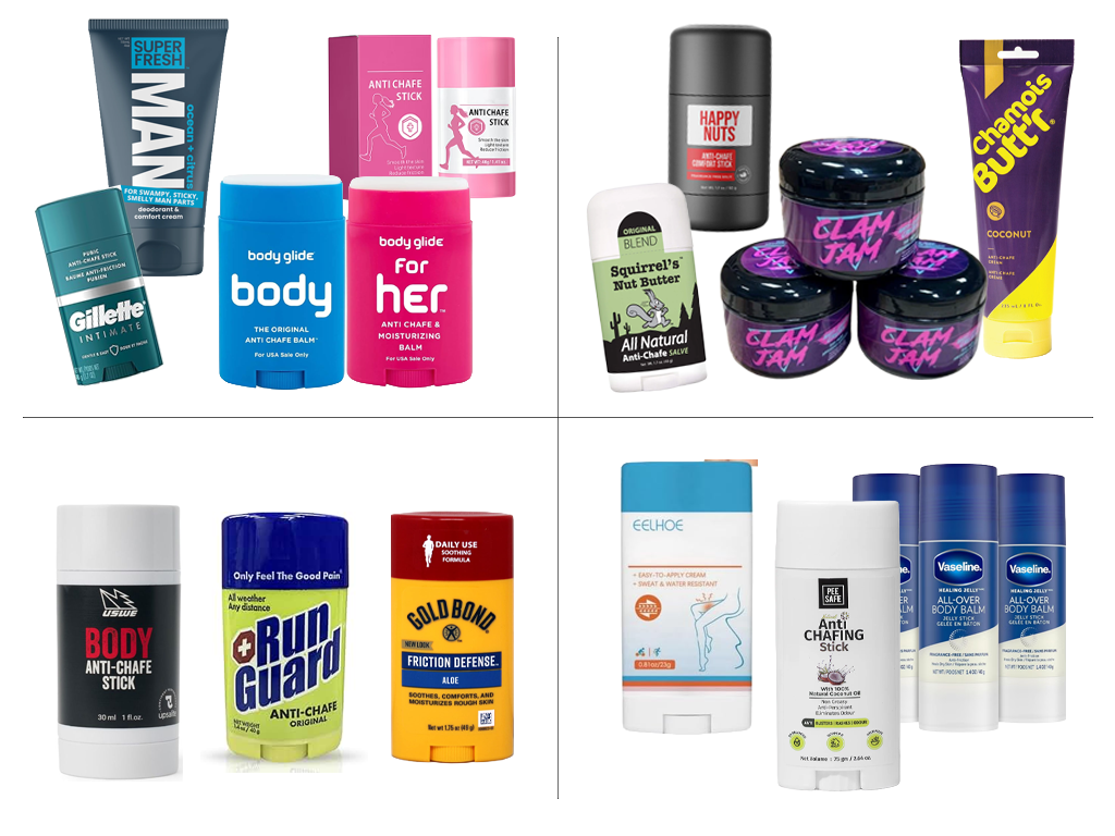 A collage of various personal care products including anti-chafe sticks, deodorants, body balms, lip balms, and creams, displayed in a grid format.