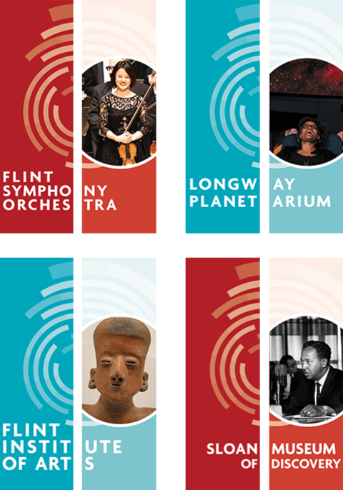 Event banner for a series of symphony and museum exhibits, featuring images of performers, speakers, and artworks.