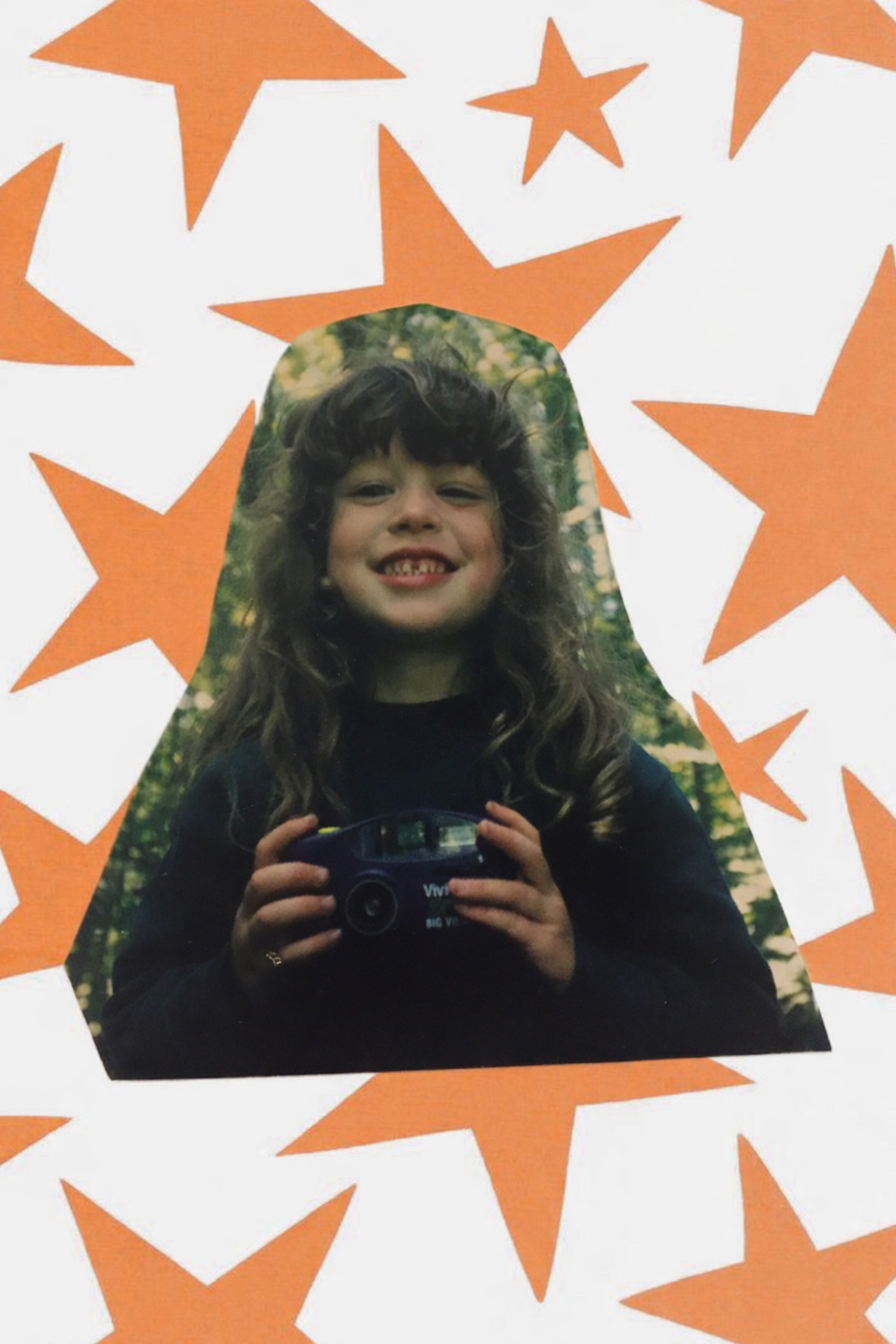 A collage featuring a cutout of a smiling young girl with curly hair holding a camera, surrounded by orange star shapes on a white background.