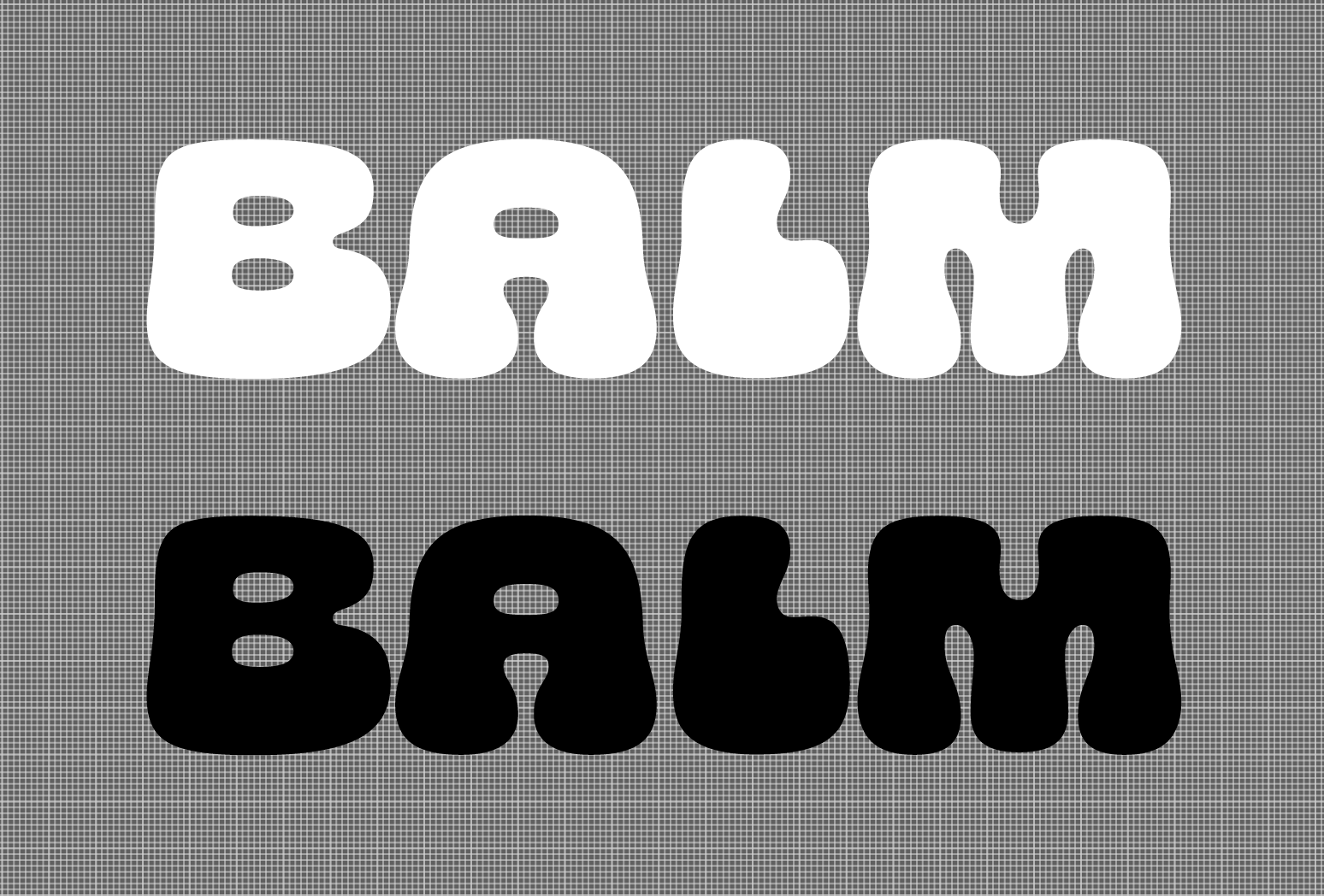 The image features the word 'BALM' written twice, once in large white bubble letters and once in large black bubble letters, on a gray dotted background.