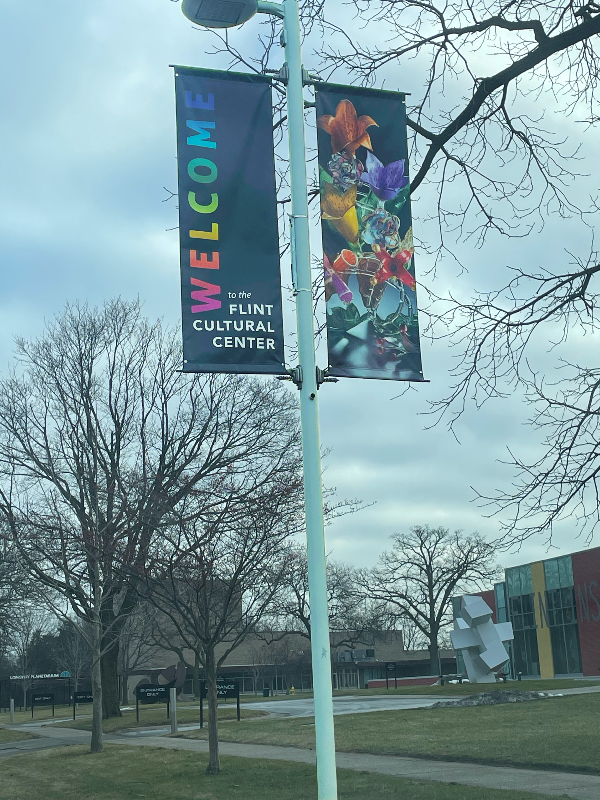 A vertical banner sign reading 'WELCOME to the FLINT CULTURAL CENTER' with colorful text on a dark background, attached to a pole in front of leafless trees and buildings on a cloudy day.