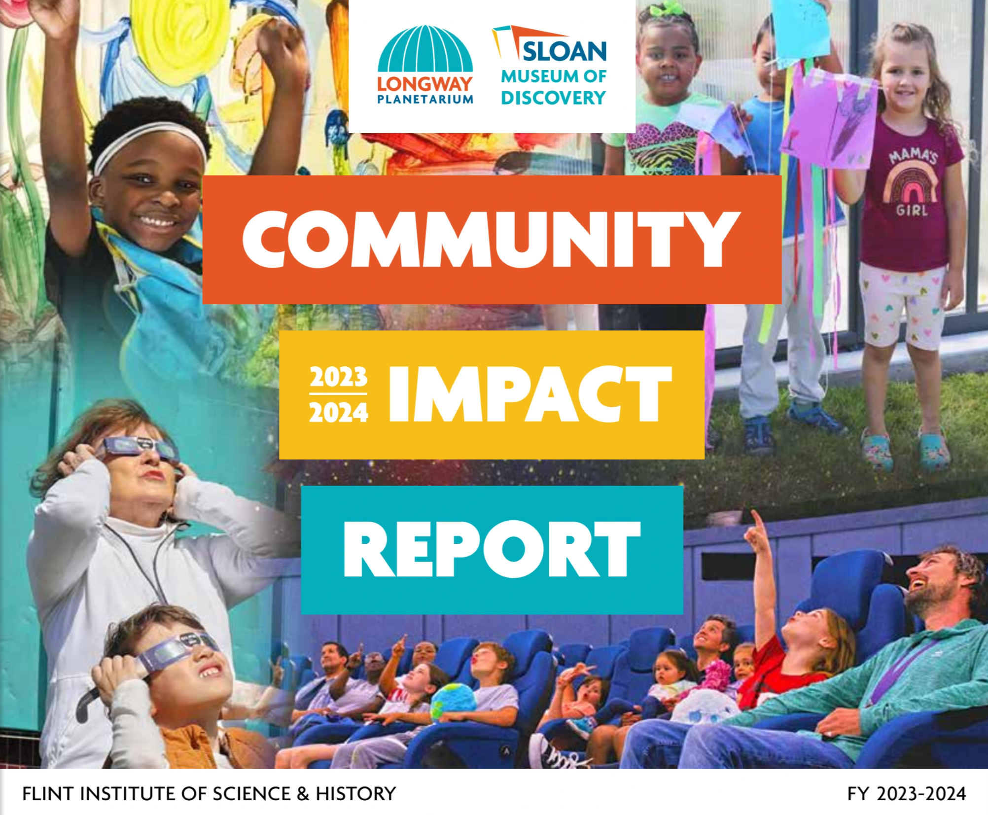 Cover page of a report titled 'Community Impact' for the 2023-2024 school year, featuring diverse children and adults at a community event, and logos of Longway Planetarium and Sloan Museum of Discovery.