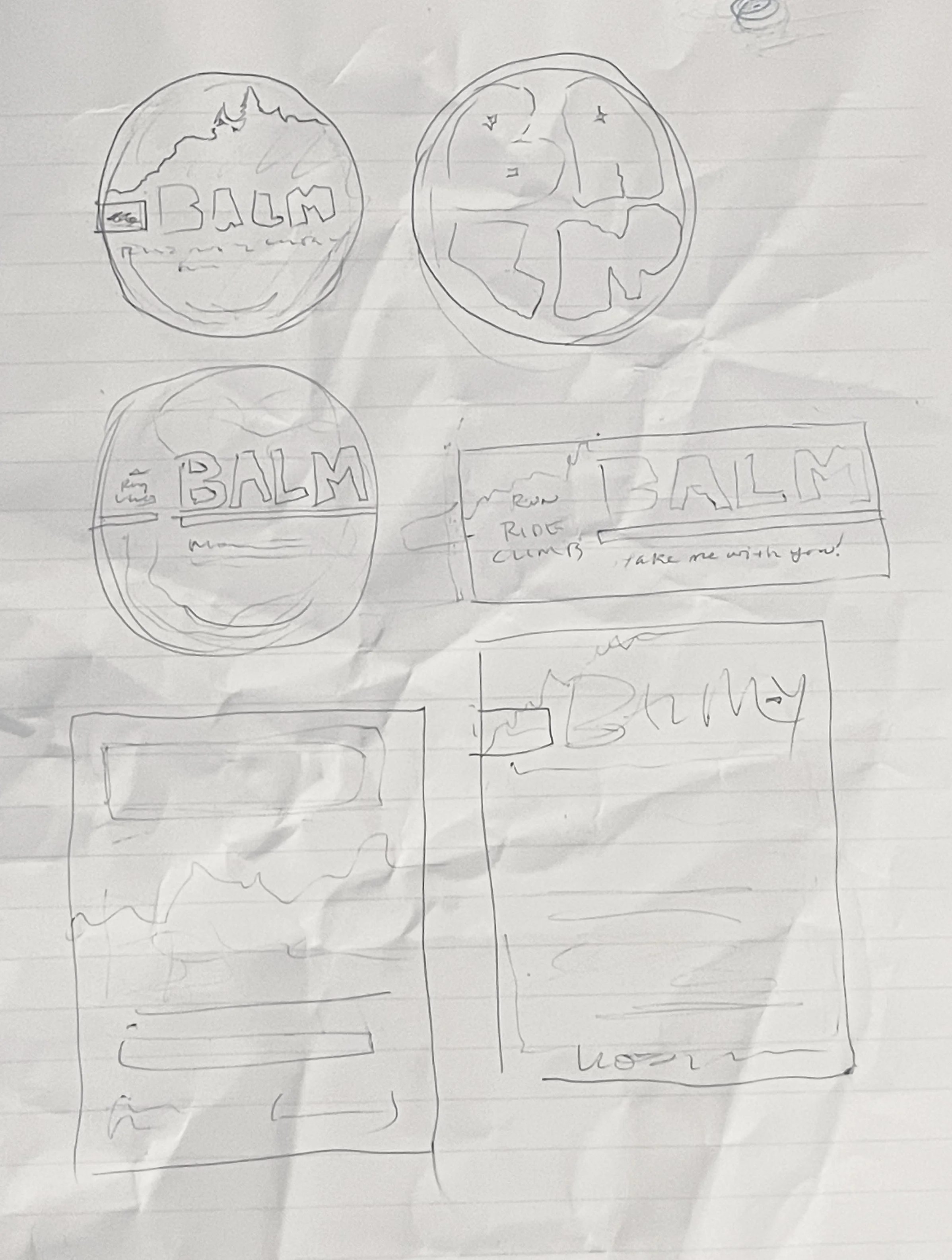 Hand-drawn design sketches on lined paper featuring the word 'BALM' inside circular shapes, with related notes such as 'run,' 'ride,' 'climb,' and 'take me with you.'
