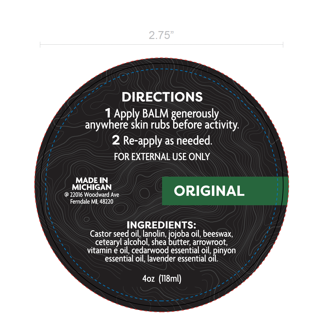 Final packaging design for BALM 4oz tin (BACK)