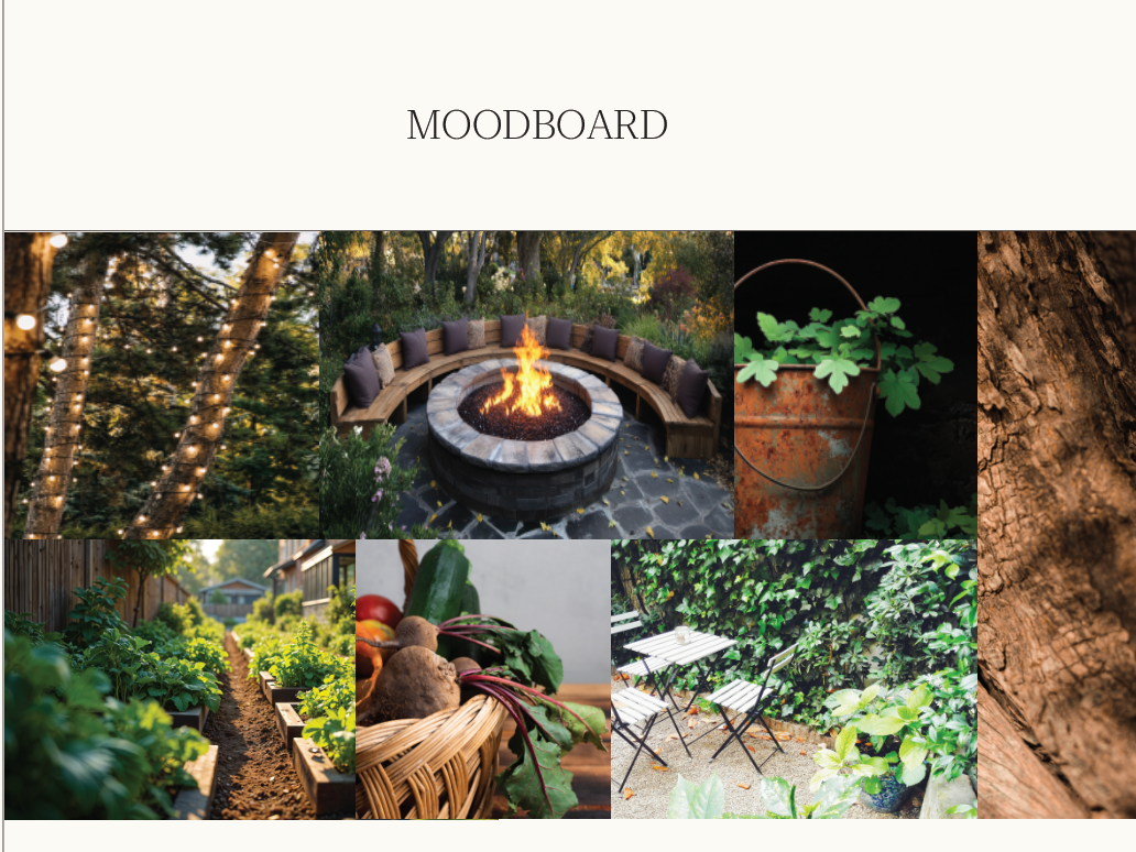 Collage of outdoor scenes including string lights on trees, a fire pit with seating, a small potted plant, a garden path with plants, a basket of vegetables, a patio with a table and chairs, and close-up of tree bark.