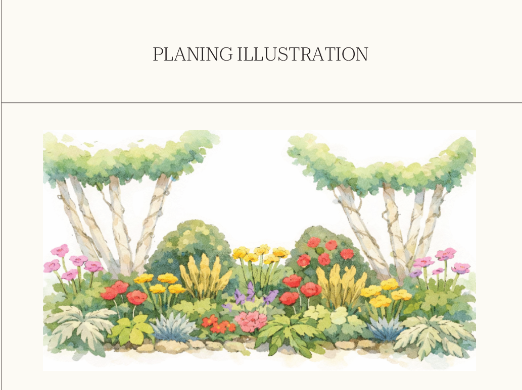 Watercolor illustration of a garden with trees, bushes, and colorful flowers for medium size garden wanting colourful plants and trees with festoon lights