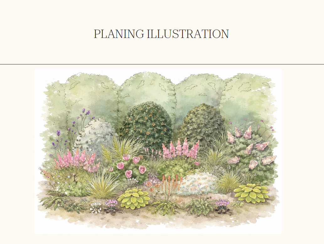 Illustration of a flower garden with various flowering plants and bushes, labeled as 'Planning Illustration'.