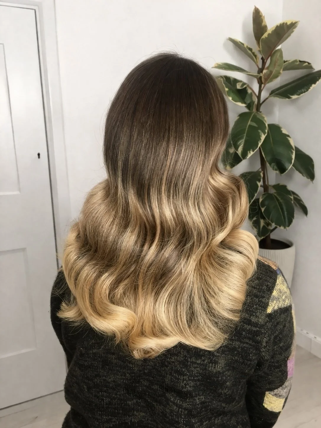 Back view of a woman with long, wavy, ombre hair transitioning from dark brown at the roots to blonde at the ends, standing indoors near a potted plant.