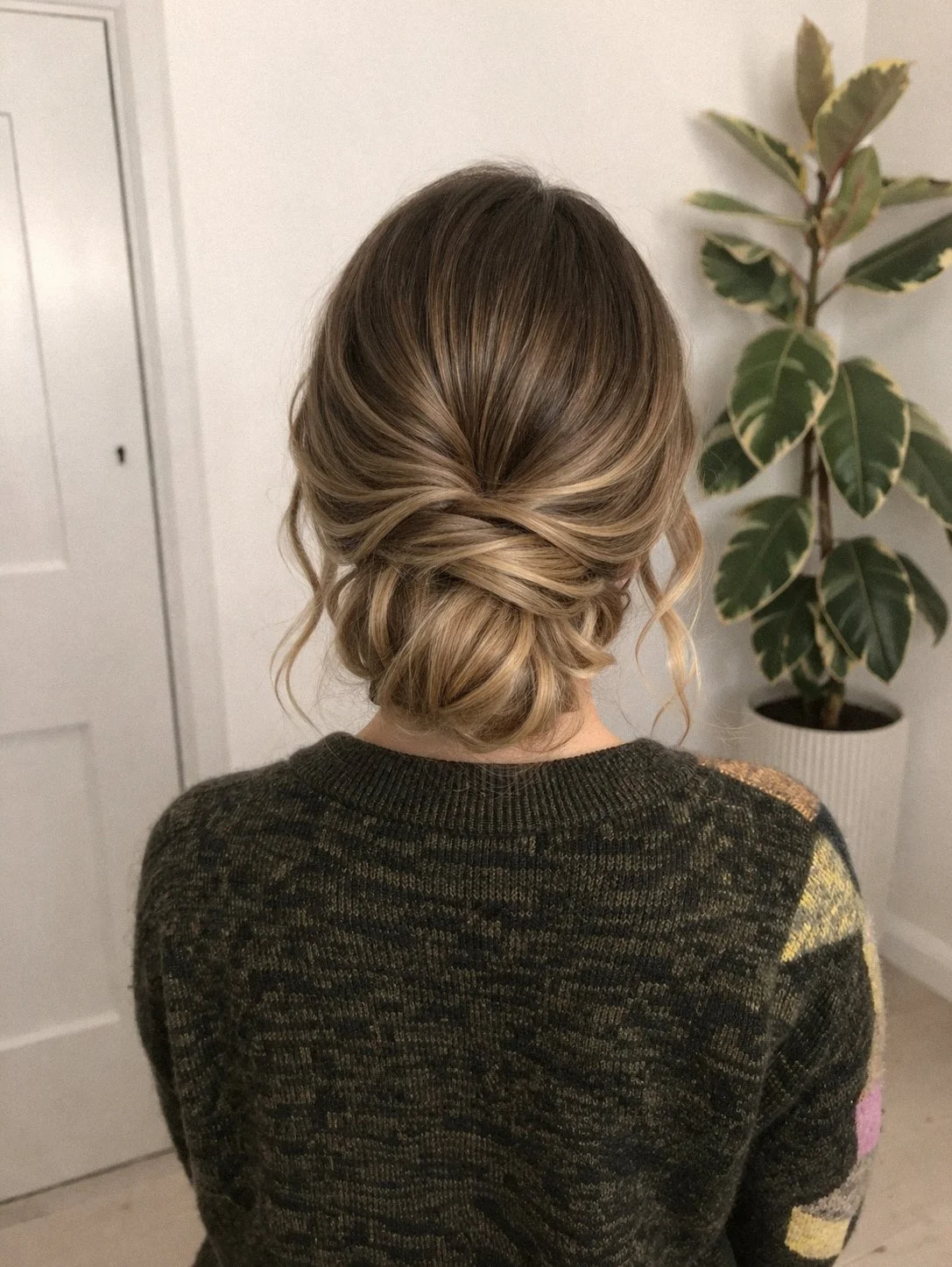 Back view of a woman with blonde, wavy hair styled in a loose updo, wearing a dark patterned sweater, standing indoors near a white wall and a potted green leafy plant.