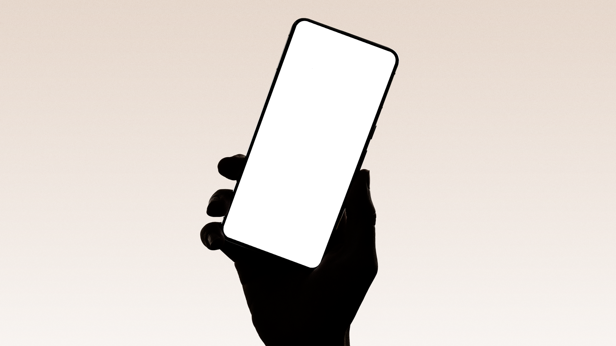 Silhouette of a hand holding a smartphone with a blank white screen against a light gradient background.