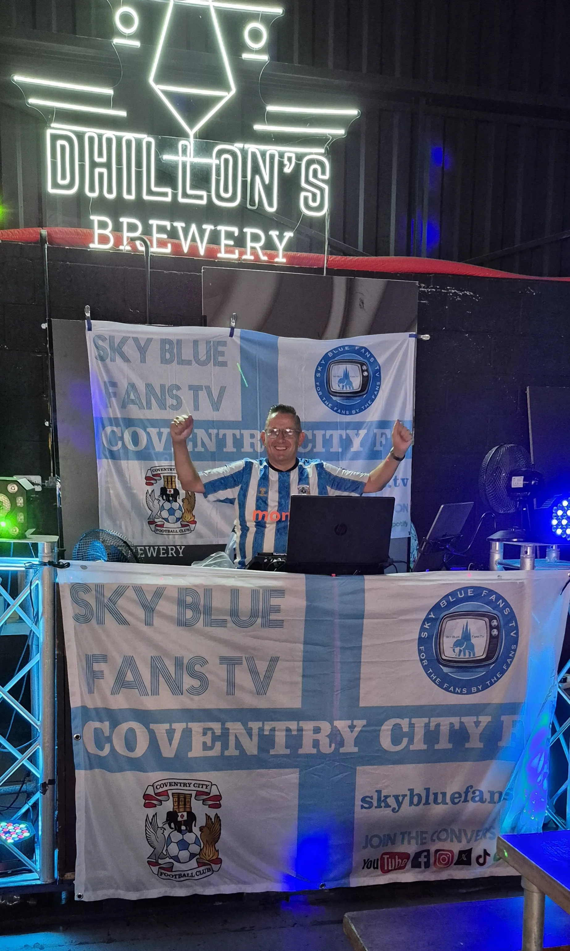 Start of the new football season DjMylesY dj-ing at Dhillons Brewery Coventry ready for the premier league for the Mighty Sky Blue Army Fans. with Sky Blue Fans TV Flags.