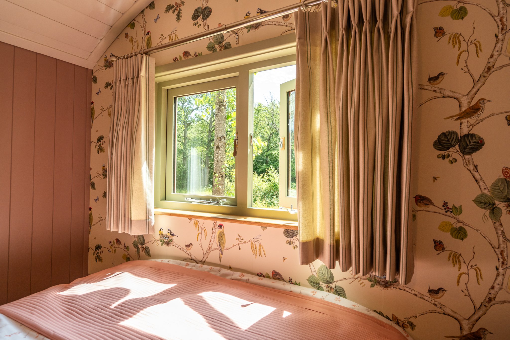 A bedroom with a window view of green trees and a bird wallpaper. The bed has a pink quilted blanket, and beige curtains frame the window.