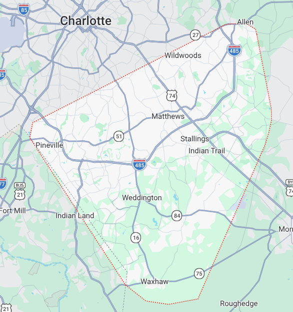 Map of southern Mecklenburg County, North Carolina, showing cities and roads including Charlotte, Pineville, Fort Mill, Indian Land, Waxhaw, Monroe, and main highways like I-485, I-77, and I-85.