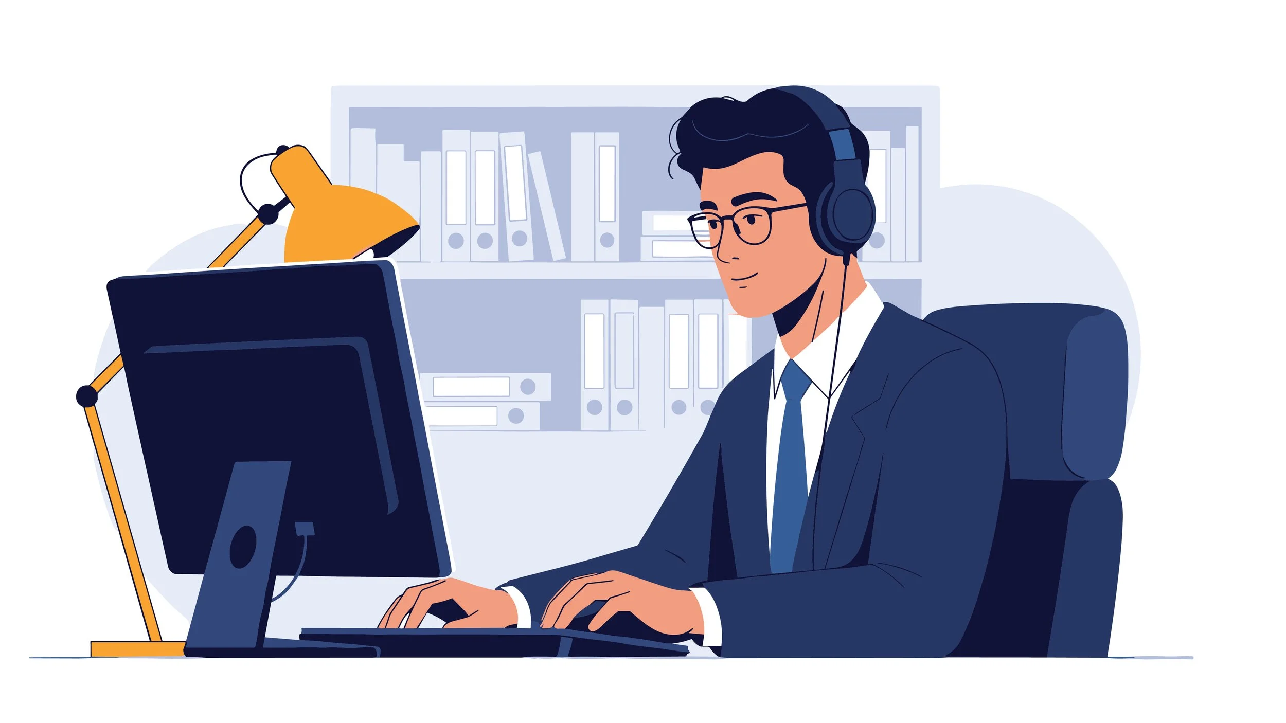 Illustration of a young man in a business suit sitting at a desk, working on a computer with headphones on in an office environment with shelves of binders in the background.