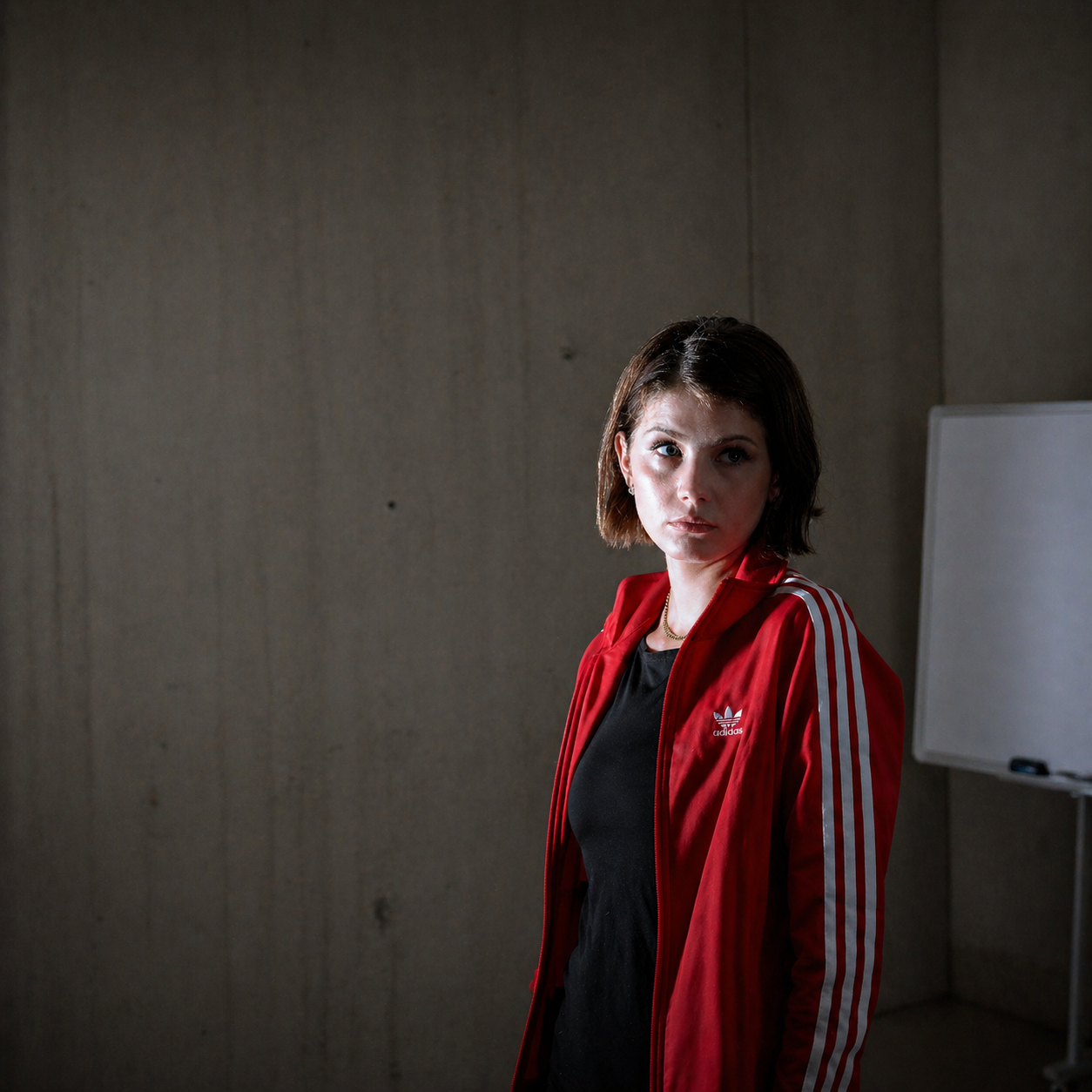 Young woman with short brown hair wearing a red Adidas jacket with white stripes and a black shirt, standing in a room with plain gray walls and a whiteboard behind her, looking to the side.
