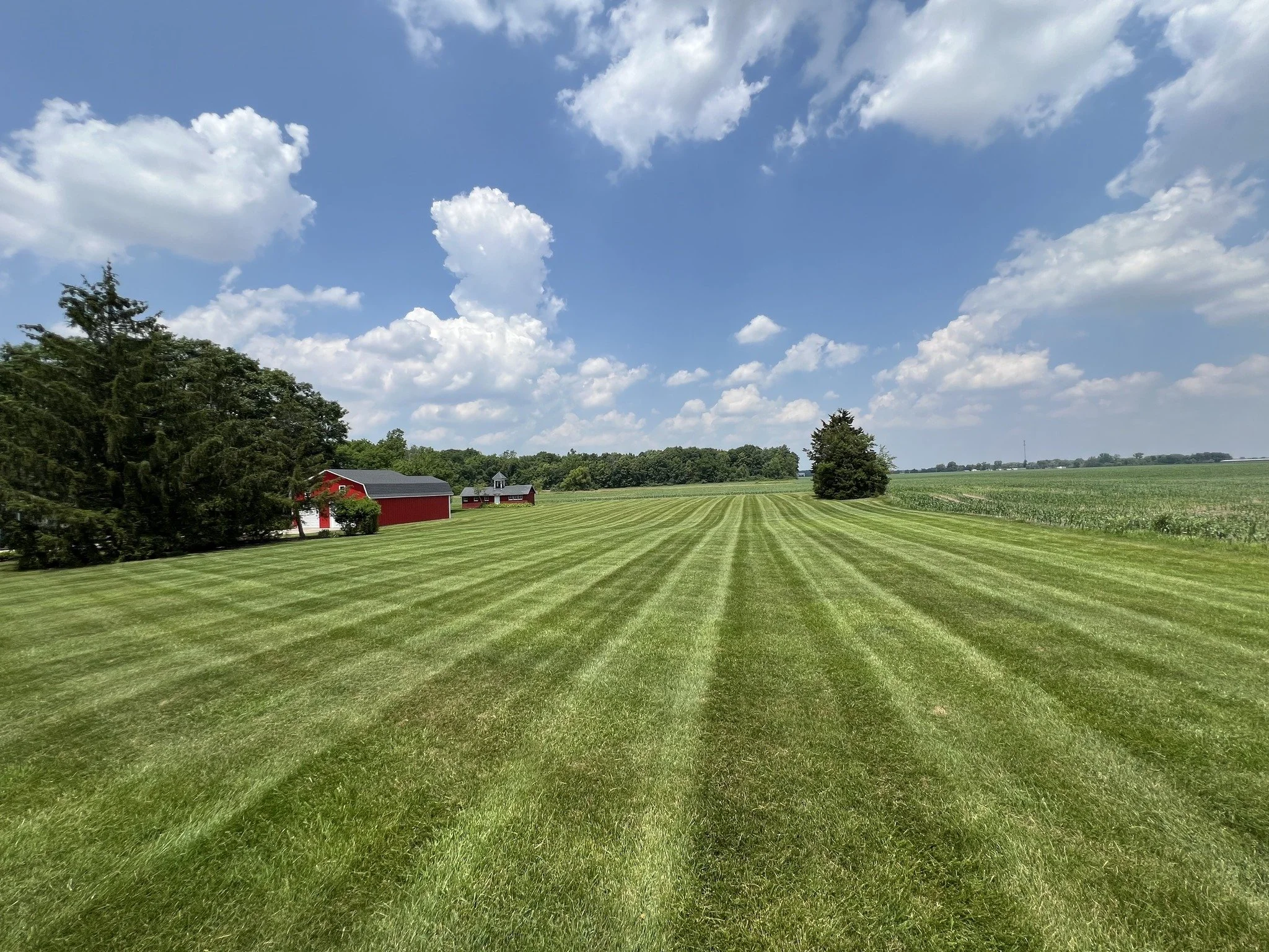 A rural farm landscape with freshly mowed green grass in neat stripes, a red barn, and a cloudy blue sky.