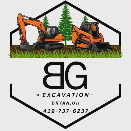 Illustration of construction equipment, including an orange excavator and a mini skid steer, with green trees in the background inside a black hexagon. Text below reads 'BG Excavation Bryan, OH' with a phone number 419-737-6237.
