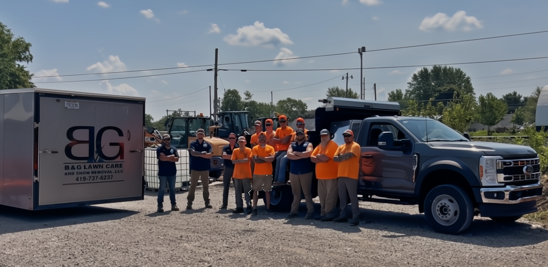 Group of workers in orange and navy shirts standing outdoors near a black truck and a trailer with a lawn care company's logo, B&G Lawn Care, on a gravel surface with trees and utility poles in the background.