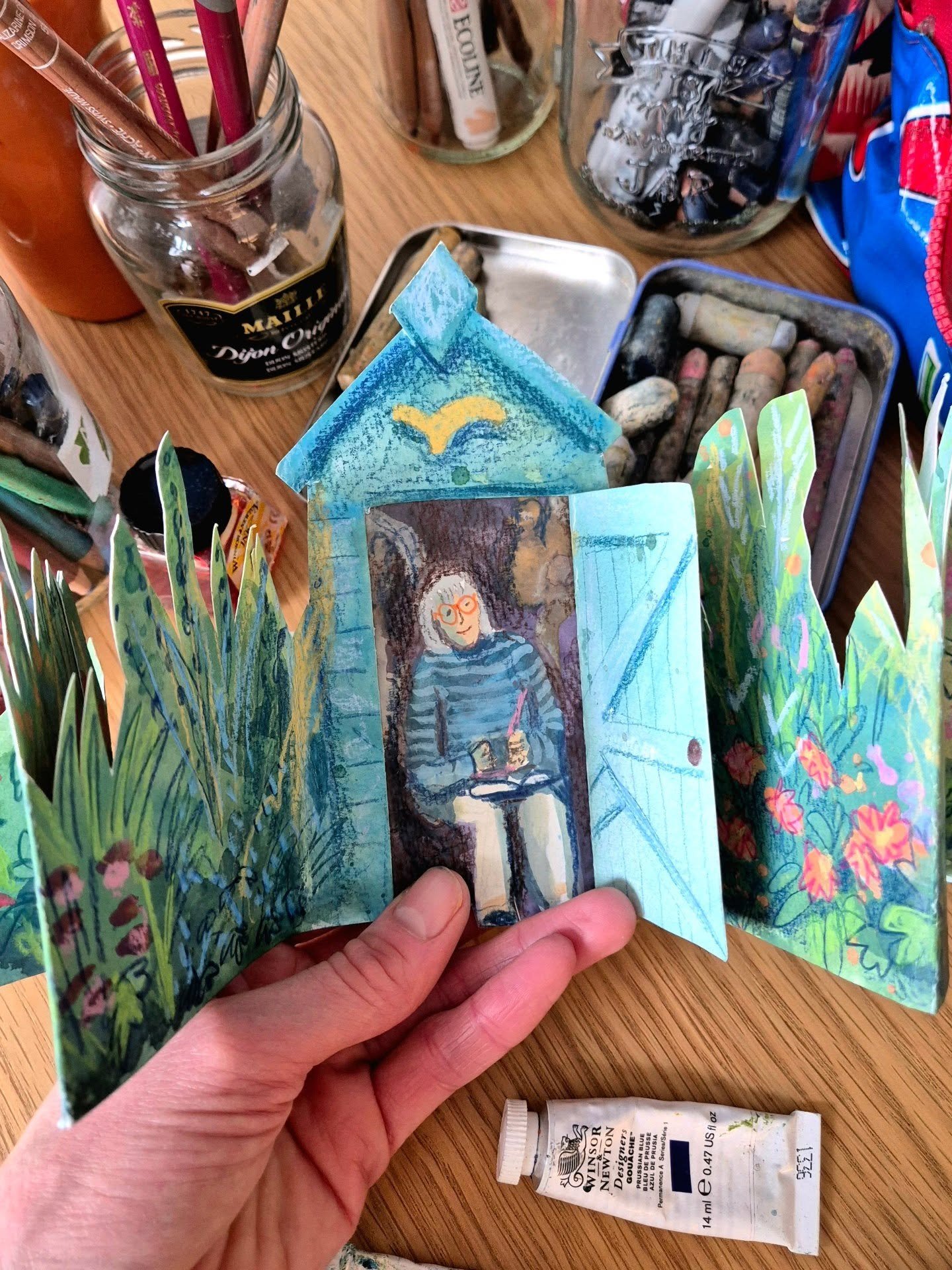 My mum in her happy place, the allotment. She's poured so much love into this space, every time I visit there's always gardening inspiration to be found. 

I wanted to make something which reflected the joy she feels sitting and painting in her littl