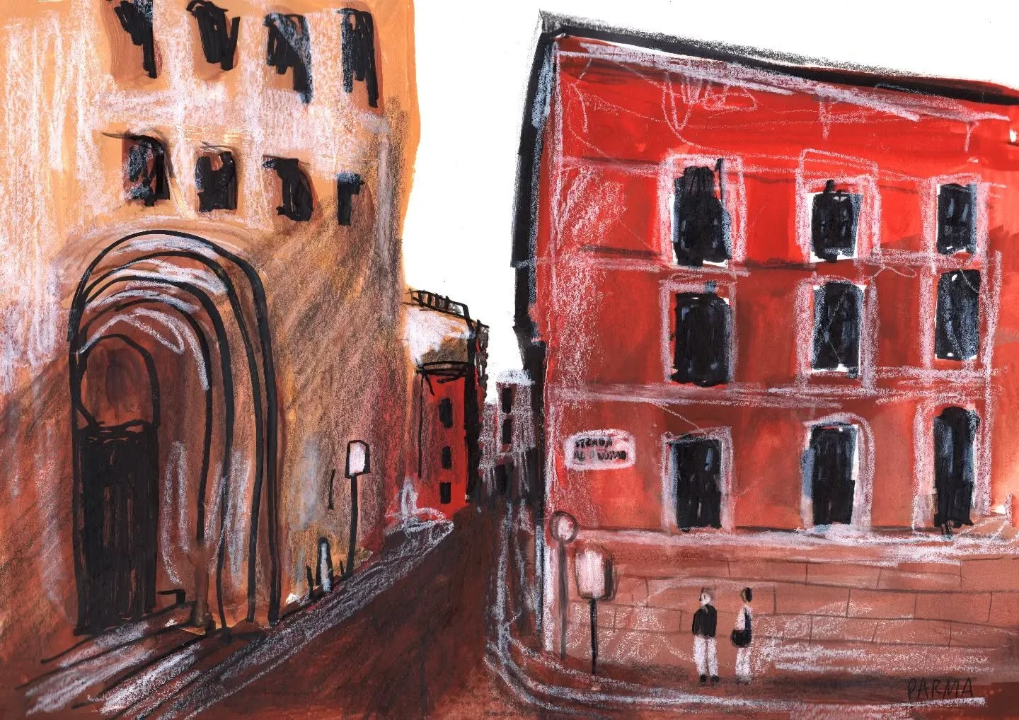 More Italy! This was a beautiful street in Parma I didnt get a chance to paint on location so I made it later that night. 

I adore the reds and all the colours of the buildings in this area of Italy.

A mix of gouache, pen, neo colour 2. The scale i