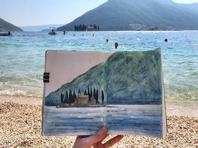 Montenegro travel illustration of mountains and church by ellie middleton.jpg