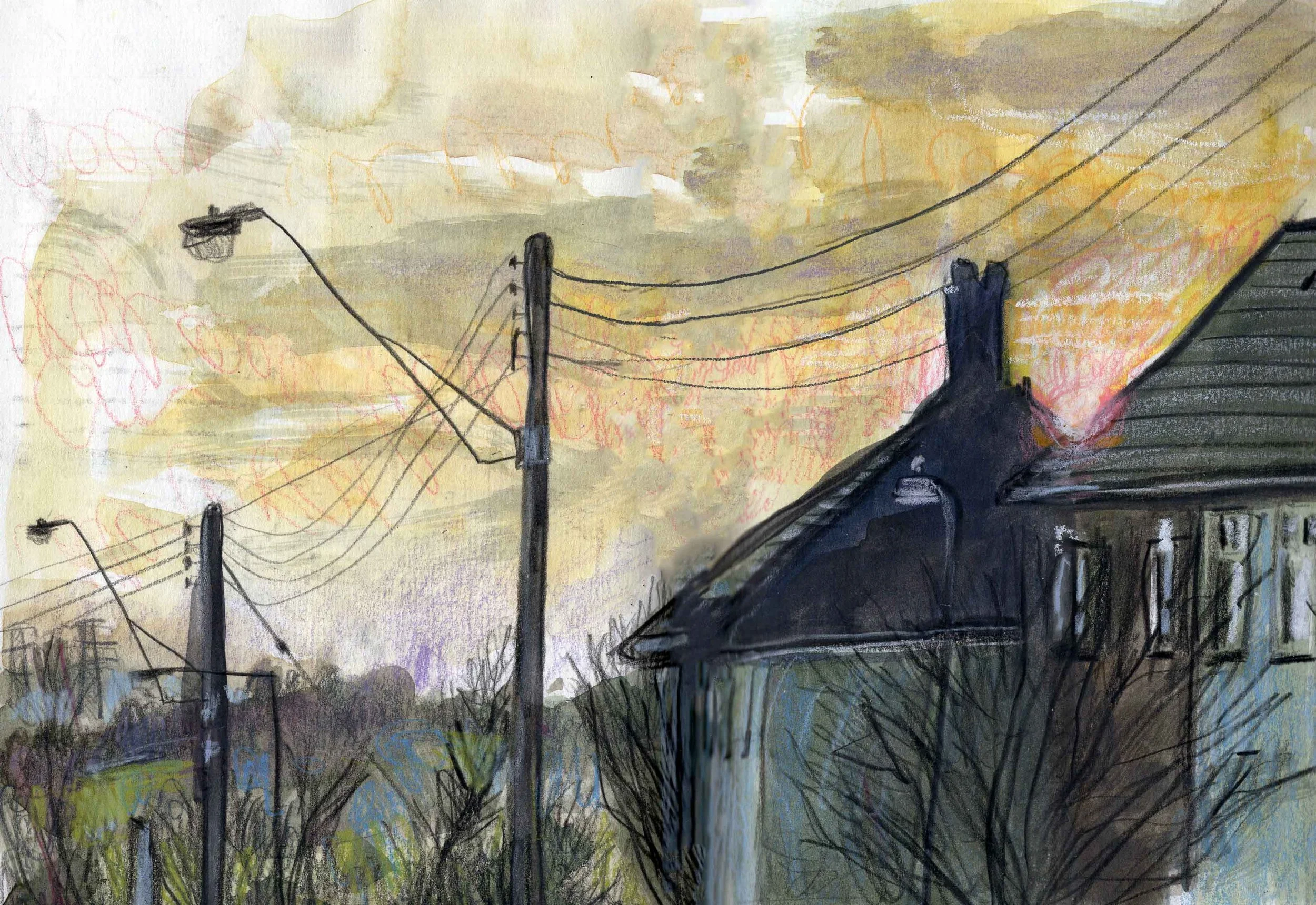 English urban street at sunset painting 
