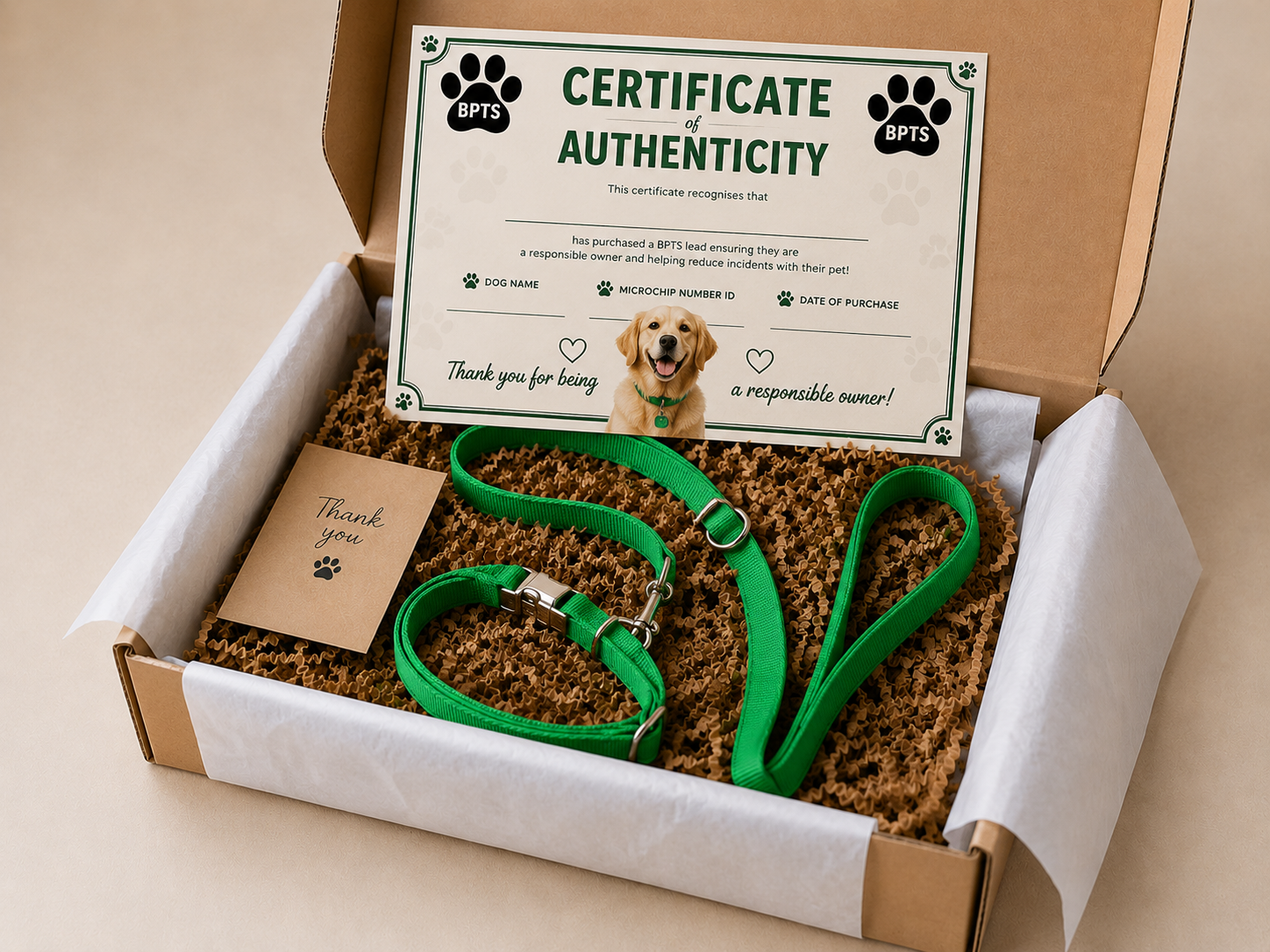 Pet identification kit containing green collar and leash, a thank you card, and a certificate of authenticity inside a gift box with white tissue paper.