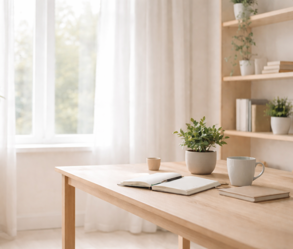 A bright, minimally decorated room with a wooden table holding a potted plant, an open notebook, a white mug, and a closed book. In the background, a window with sheer curtains and a wooden shelf with books and plants are visible.