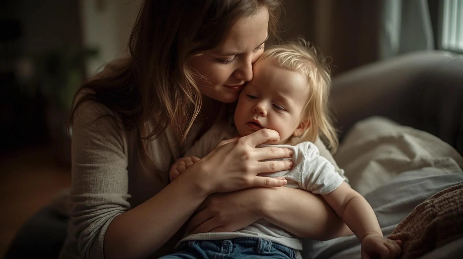 A woman cuddling a young boy on a bed, both appearing relaxed and affectionate in a cozy, softly lit room.