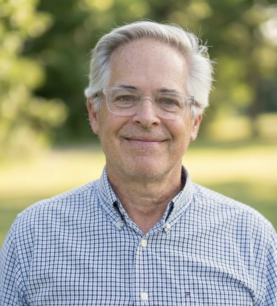 A smiling elderly man with white hair and glasses, wearing a checkered shirt, standing outdoors in a park with green trees in the background.