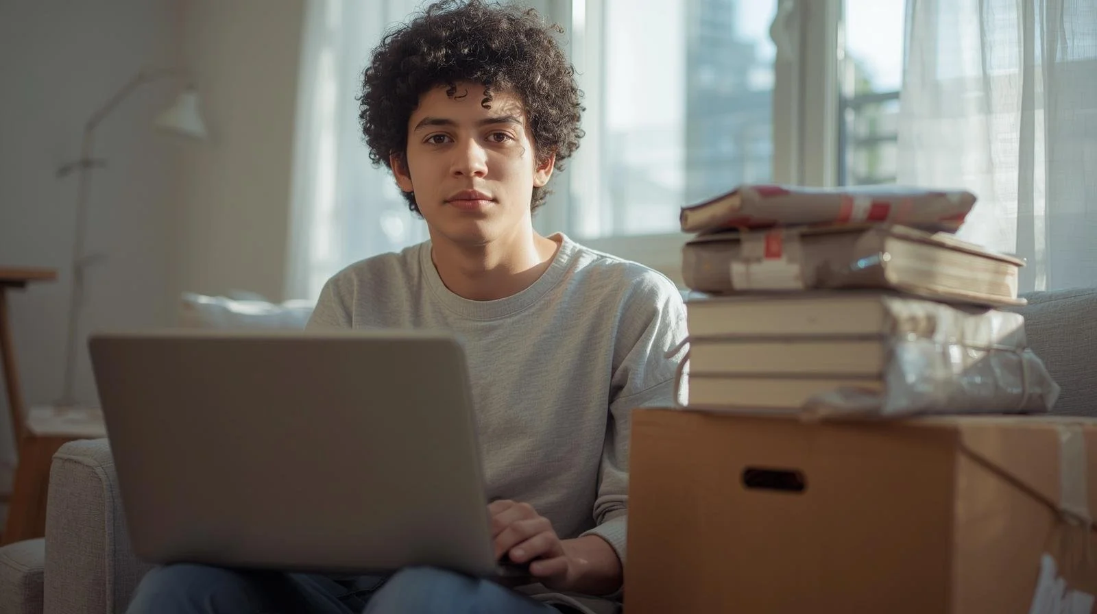 A young man with curly hair sitting on a couch using a laptop, with a stack of books and packaged items beside him, in a well-lit room.
