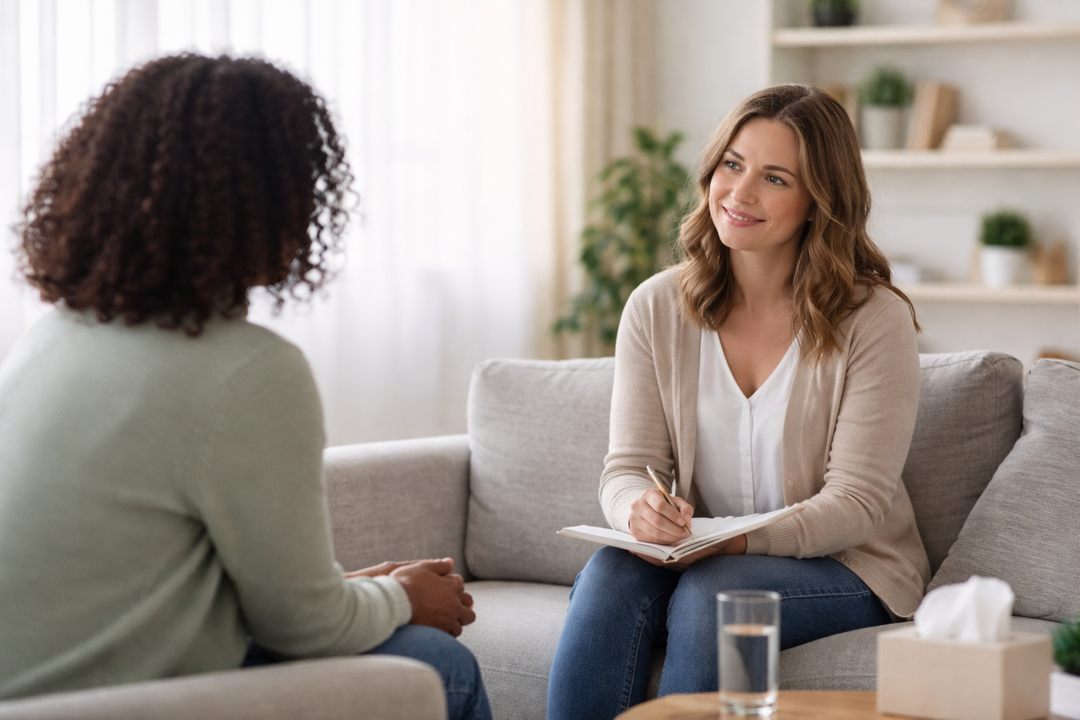 A woman with brown hair, wearing a beige cardigan and white shirt, is sitting on a sofa, smiling and taking notes during a conversation with another woman with curly hair, wearing a white sweater, in a cozy, well-lit living room.