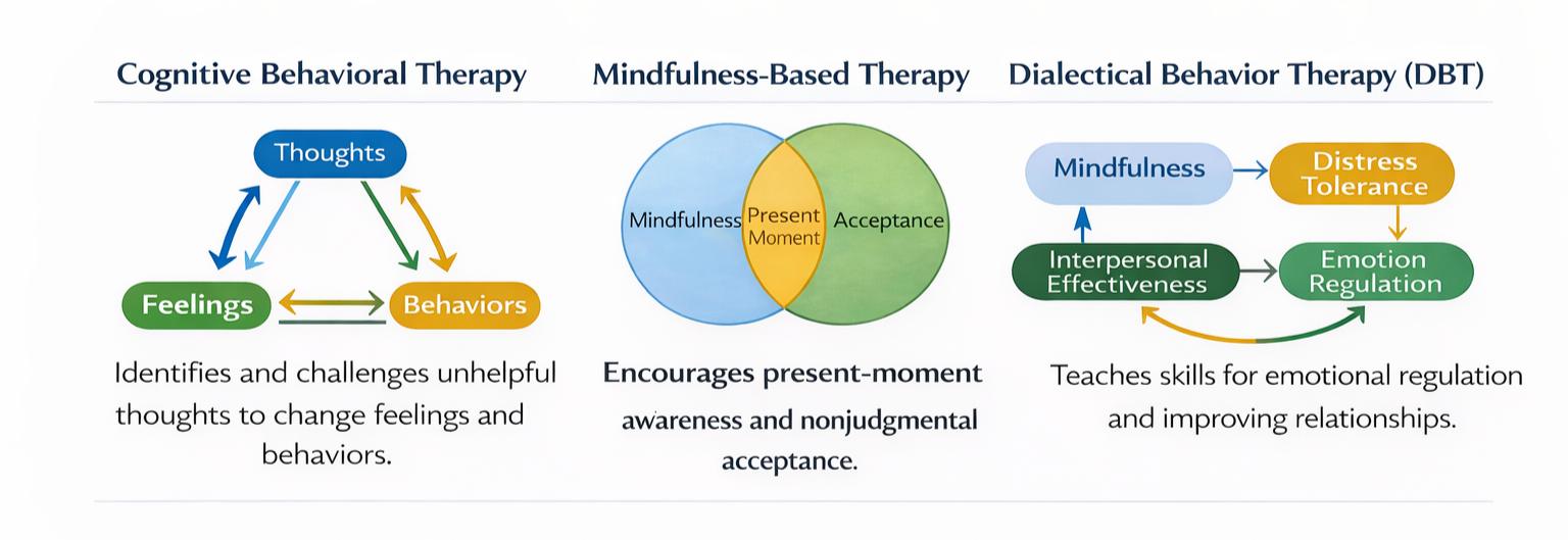 Comparison of three therapeutic approaches: Cognitive Behavioral Therapy, Mindfulness-Based Therapy, and Dialectical Behavior Therapy, with diagrams and descriptions.