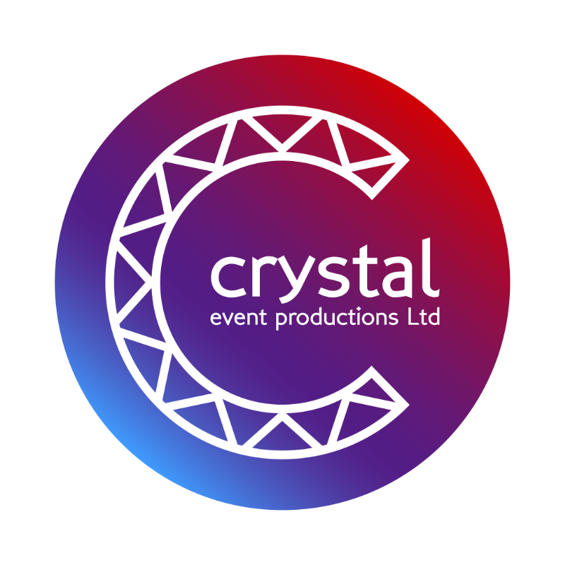 Logo featuring a purple, red and blue gradient circle with a stylised white C along with the words Crystal Event Productions Ltd