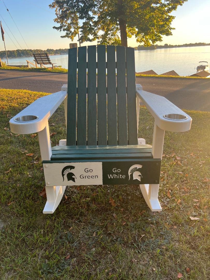 A college team Adirondack rocker made with Bald Cypress, which is known for its outdoor durability.