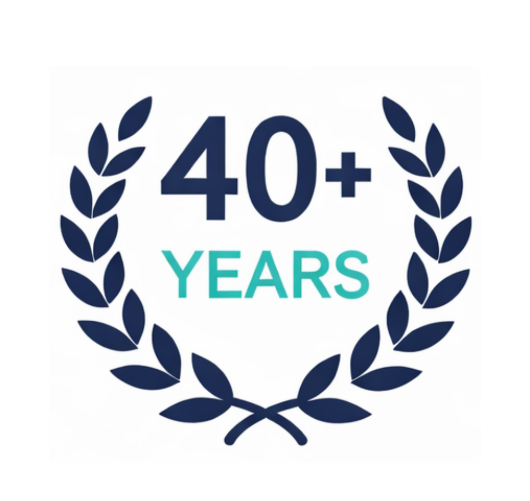 Master Cleaning Services Sheffield Experienced Cleaners Celebration of 40 plus years, with a blue laurel wreath and the text '40+ YEARS' in navy and teal colors.