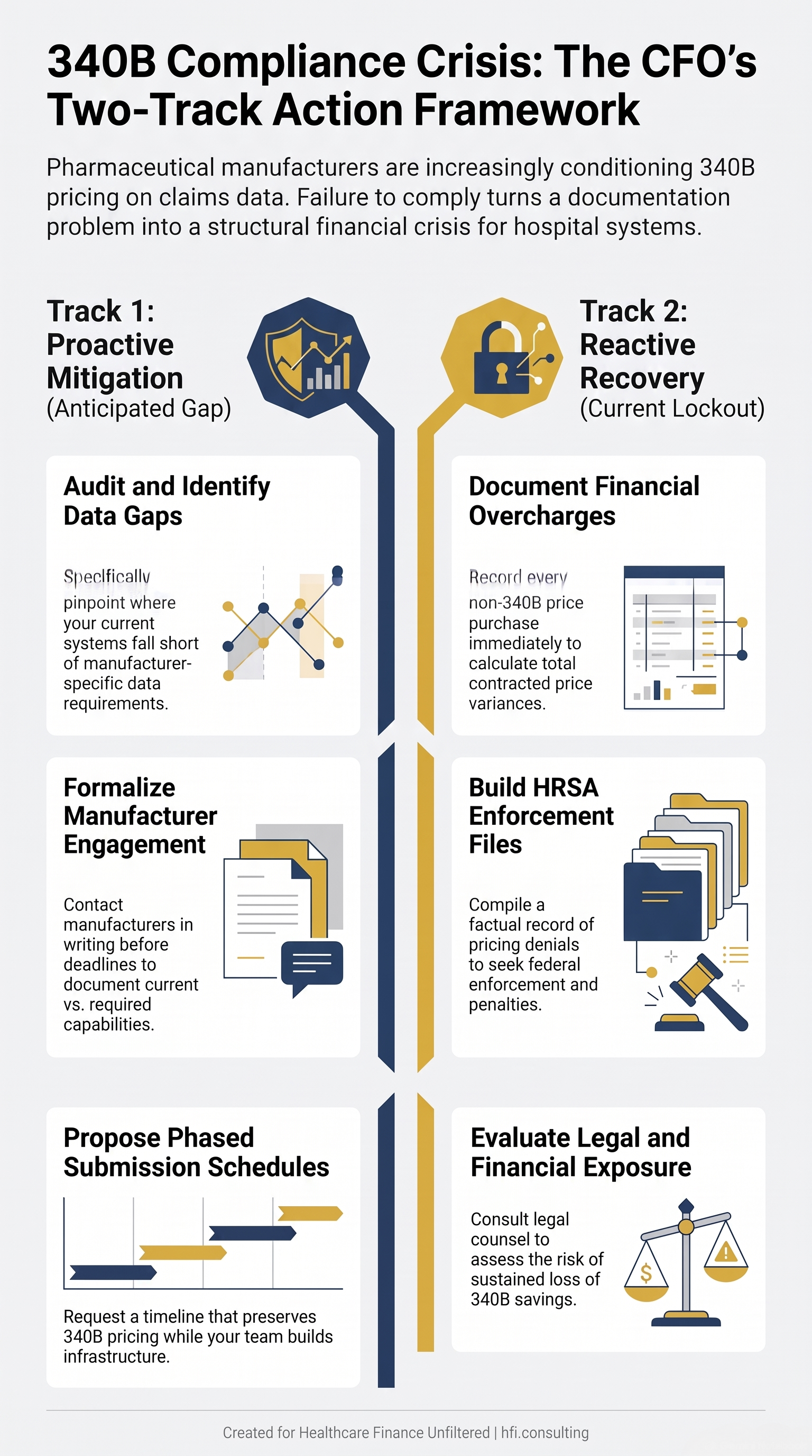 Two-track decision framework for hospital CFOs managing 340B manufacturer noncompliance: steps for anticipated compliance gaps and steps after pricing has been suspended.