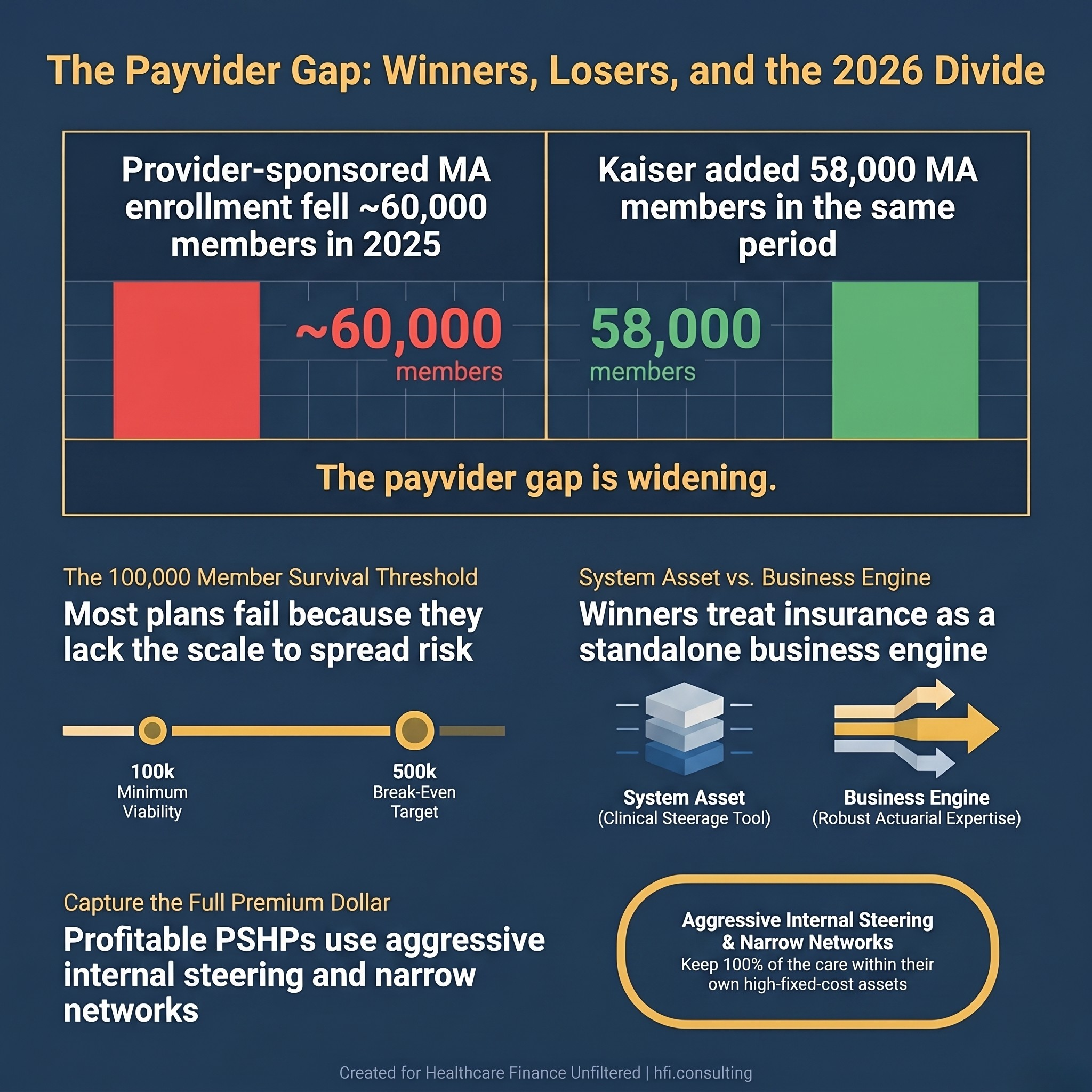 Split stat card showing 60,000 member decline in provider-sponsored MA plans versus 58,000 member gain at Kaiser Permanente in 2025.