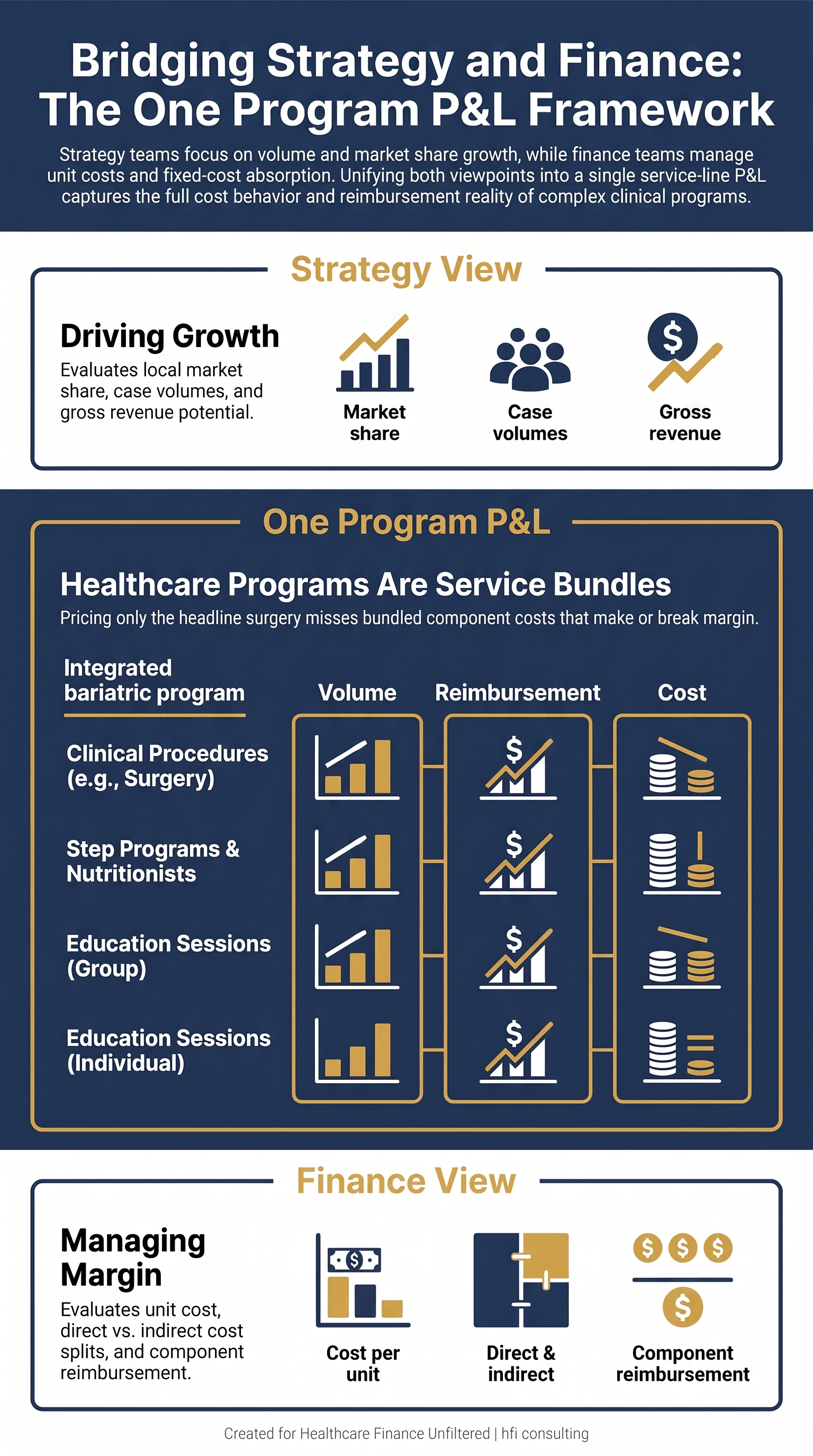Framework diagram showing a bariatric program priced by component, with strategy volume and finance unit cost meeting in one program P&L.