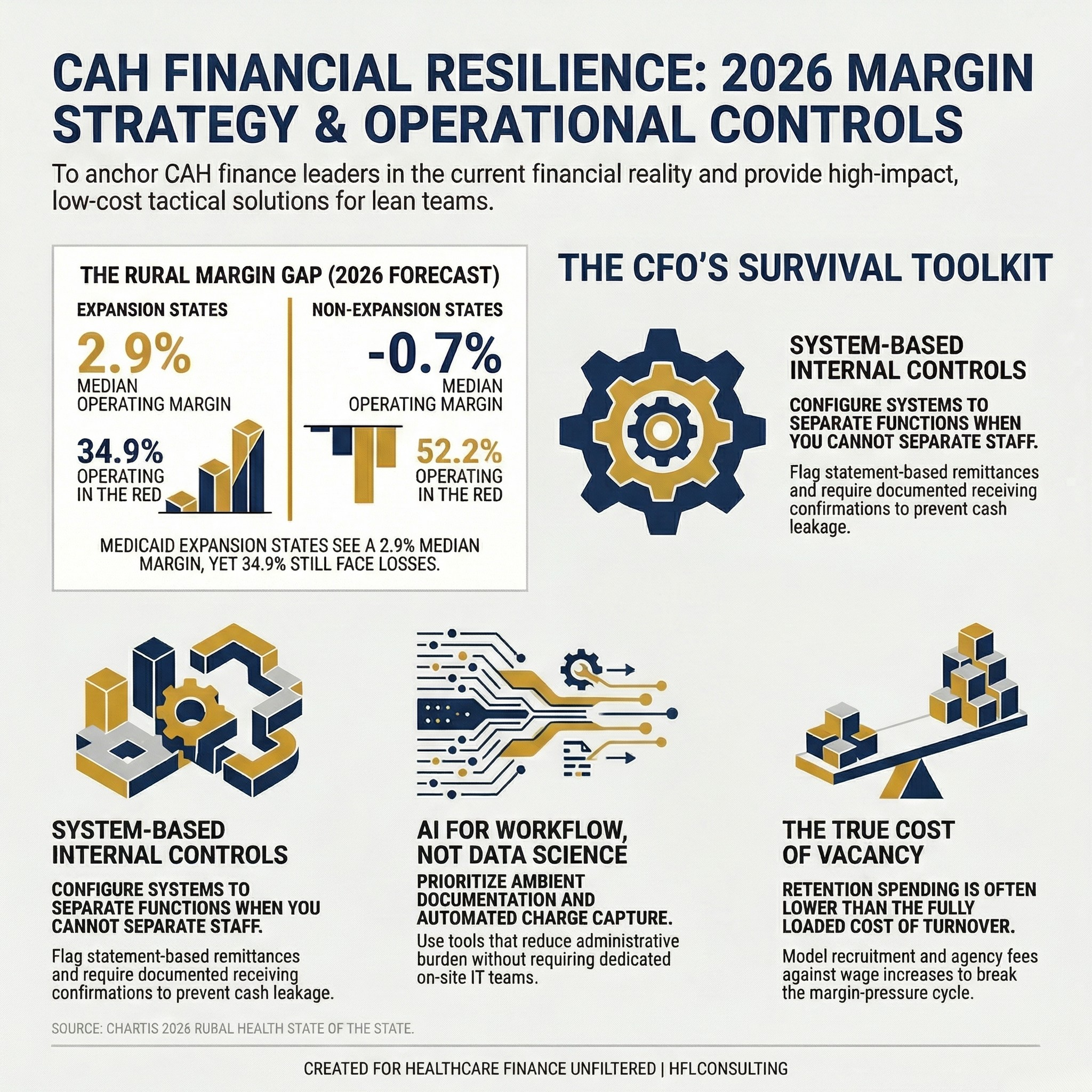 Split stat card comparing 2025 operating margins for rural hospitals in Medicaid expansion versus non-expansion states, showing -0.7% median margin in non-expansion states.