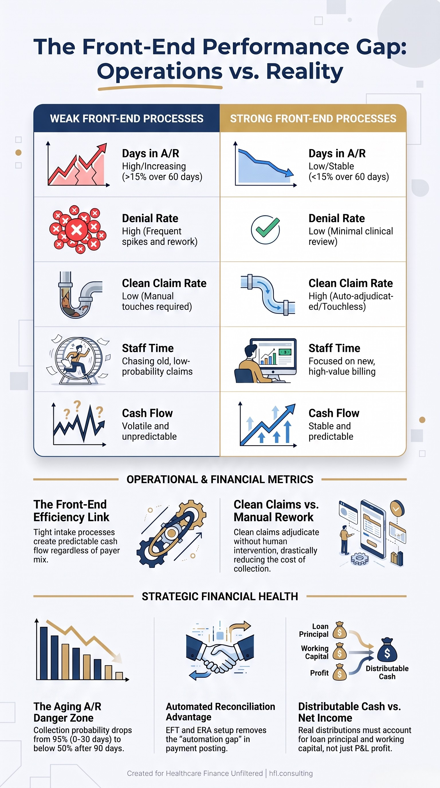 Comparison table showing financial and operational metrics for practices with weak versus strong front-end revenue cycle processes