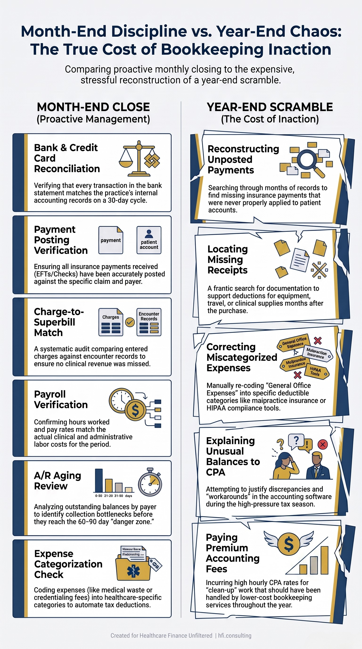 Side-by-side comparison showing the tasks of a monthly close process versus the chaotic year-end scramble that results from skipping it.