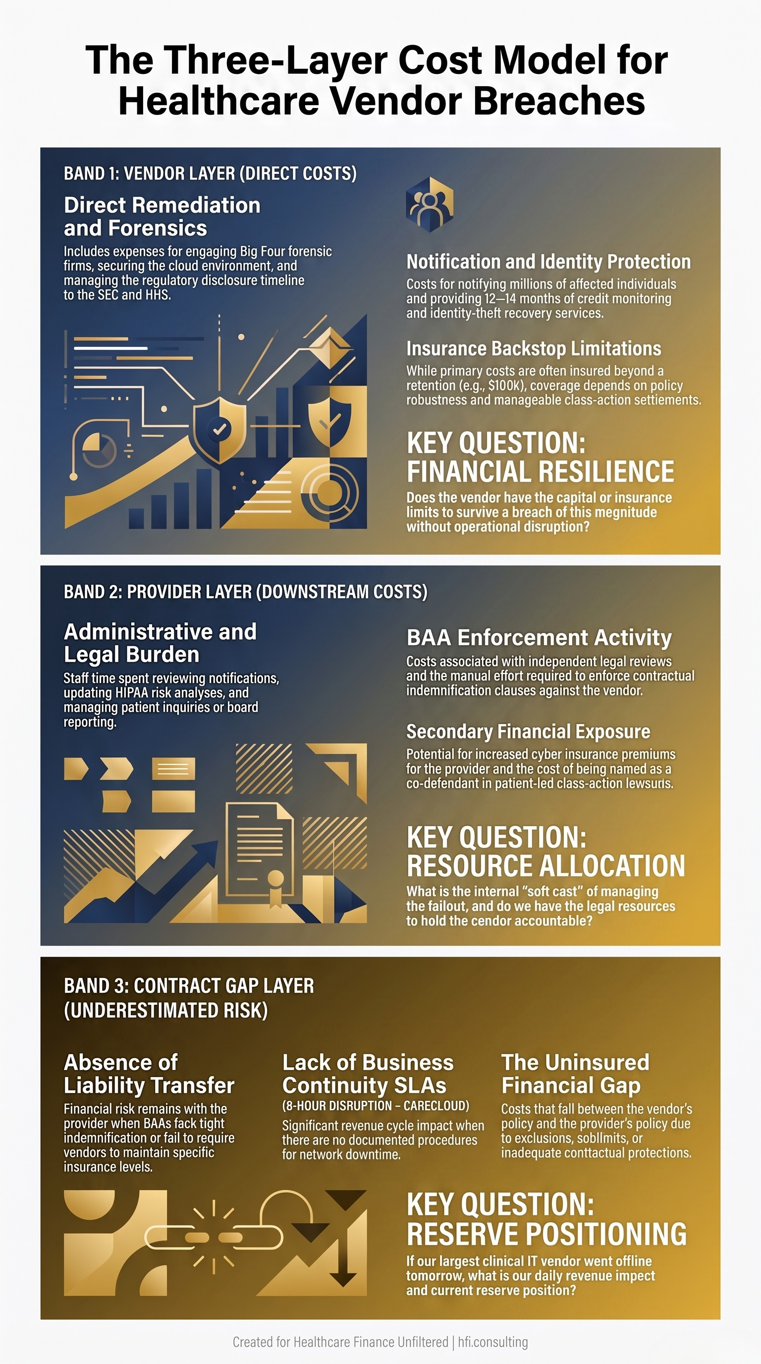 Three-layer framework diagram showing vendor breach costs broken into vendor direct costs, downstream provider administrative costs, and contract gap costs with no liability transfer.