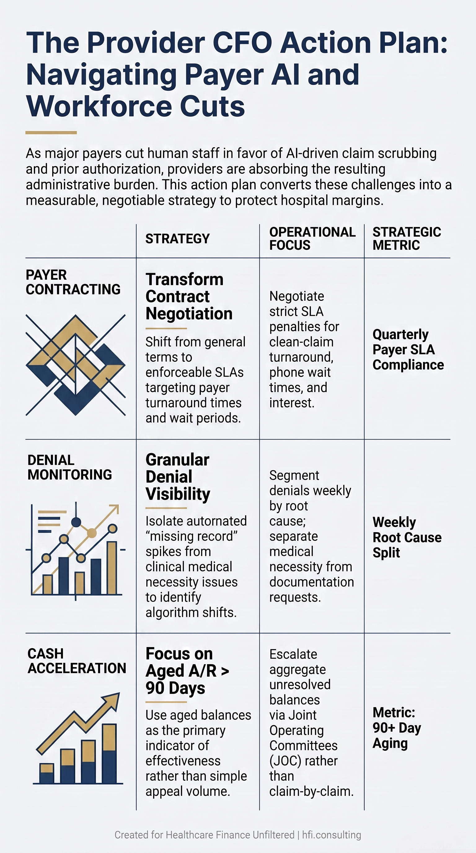 Table titled Provider CFO Action Plan showing payer contracting, denial monitoring, and cash acceleration tactics with their strategic metrics.